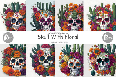 Digital Paper Skull With Floral Digital Pattern artnoy 