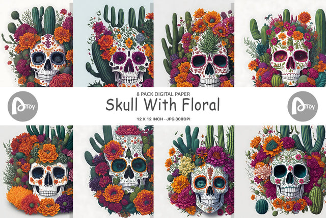 Digital Paper Skull With Floral Digital Pattern artnoy 