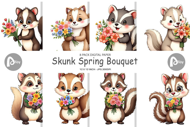 Digital Paper Skunk Spring Bouquet Digital Pattern artnoy 