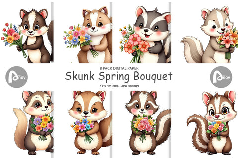 Digital Paper Skunk Spring Bouquet Digital Pattern artnoy 