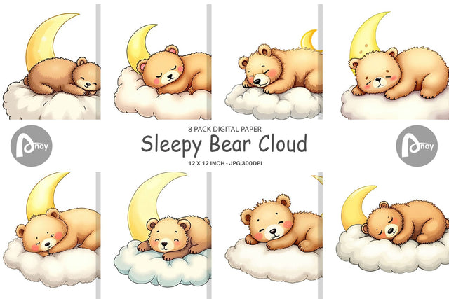 Digital Paper Sleepy Bear Cloud Digital Pattern artnoy 