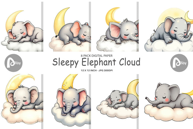 Digital Paper Sleepy Elephant Cloud Digital Pattern artnoy 