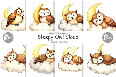 Digital Paper Sleepy Owl Cloud Digital Pattern artnoy 