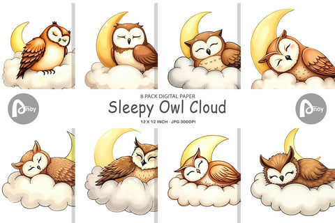 Digital Paper Sleepy Owl Cloud Digital Pattern artnoy 