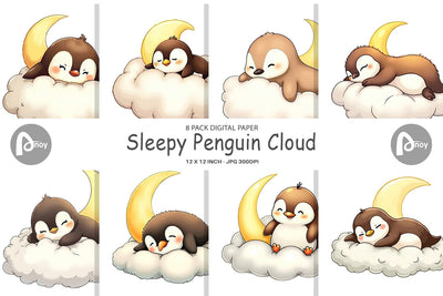 Digital Paper Sleepy Penguin Cloud Digital Pattern artnoy 