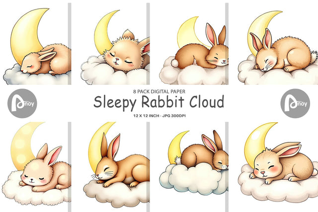 Digital Paper Sleepy Rabbit Cloud Digital Pattern artnoy 