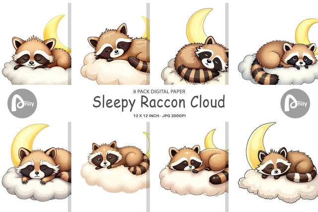 Digital Paper Sleepy Raccoon Cloud Digital Pattern artnoy 