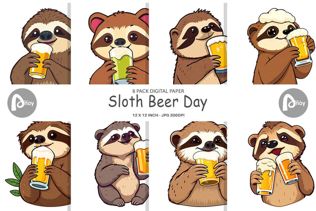 Digital Paper Sloth Beer Day Digital Pattern artnoy 