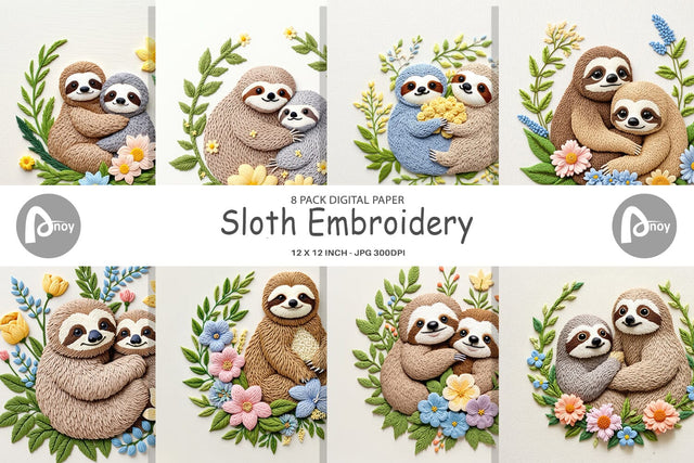 Digital Paper Sloth Embroidery Digital Pattern artnoy 