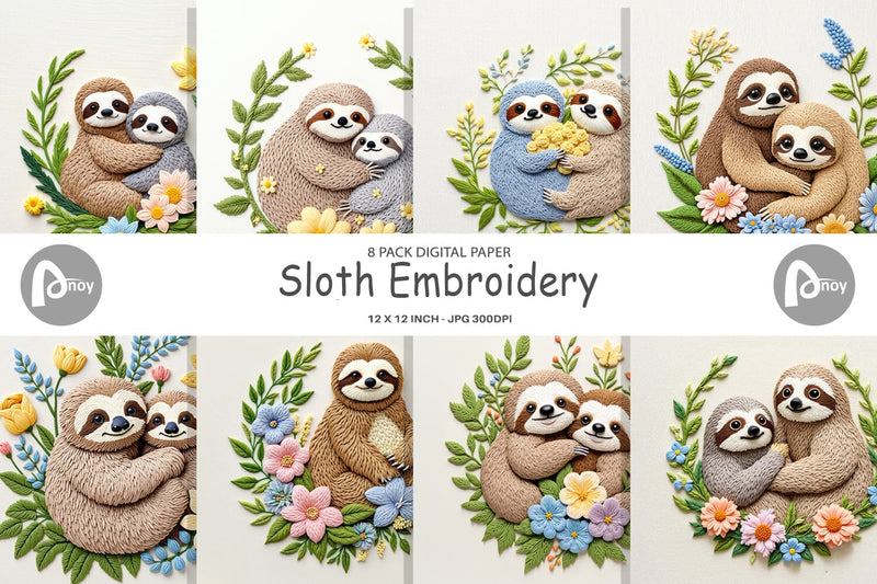 Digital Paper Sloth Embroidery Digital Pattern artnoy 