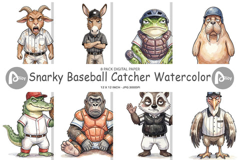 Digital Paper Snarky Baseball Catcher Watercolor Digital Pattern artnoy 