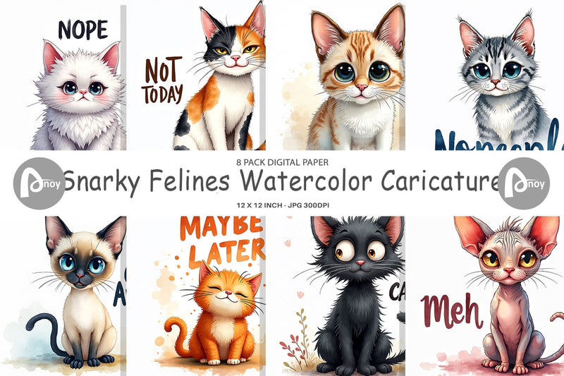 Digital Paper Snarky Felines Watercolor Digital Pattern artnoy 