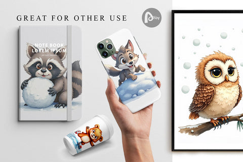 Digital Paper Snowy Playtime Big-Eyed Forest Friends Digital Pattern artnoy 