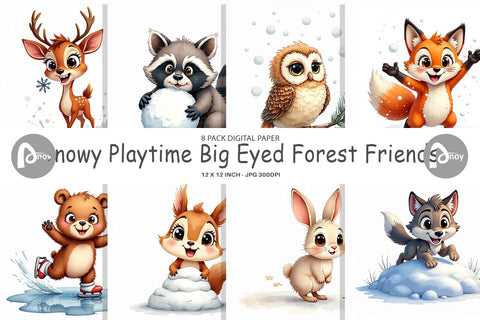Digital Paper Snowy Playtime Big-Eyed Forest Friends Digital Pattern artnoy 