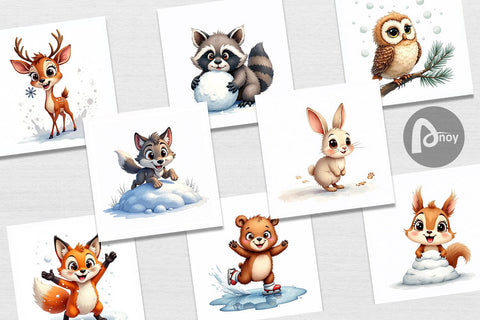 Digital Paper Snowy Playtime Big-Eyed Forest Friends Digital Pattern artnoy 