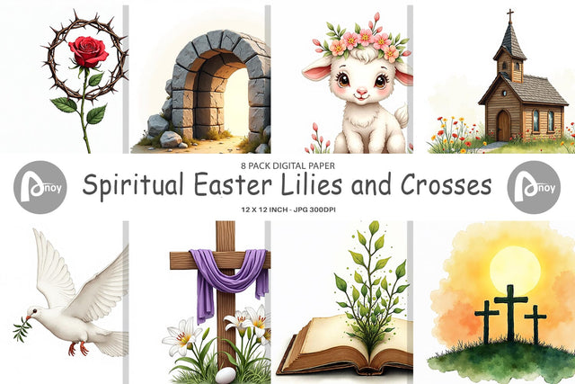Digital Paper Spiritual Easter Lilies and Crosses Watercolor Digital Pattern artnoy 