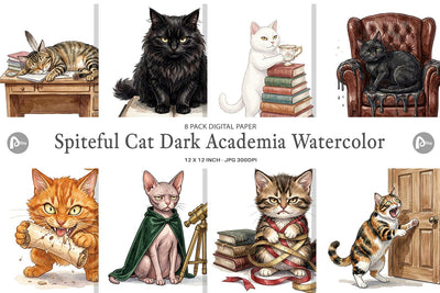 Digital Paper Spiteful Cat Dark Academia Watercolor Digital Pattern artnoy 
