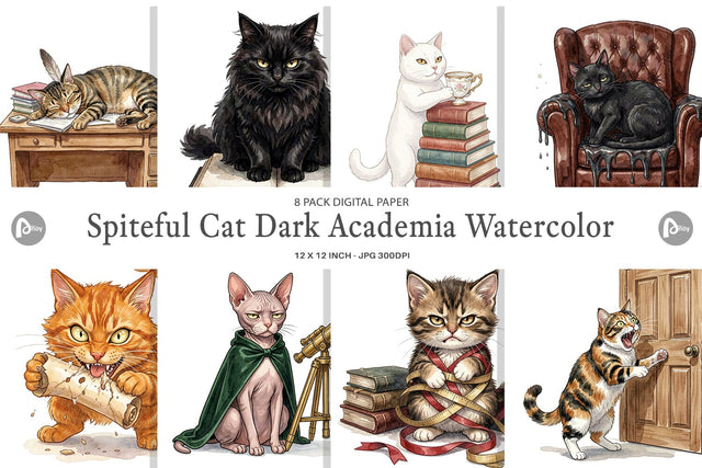 Digital Paper Spiteful Cat Dark Academia Watercolor Digital Pattern artnoy 