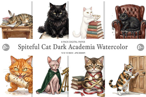 Digital Paper Spiteful Cat Dark Academia Watercolor Digital Pattern artnoy 