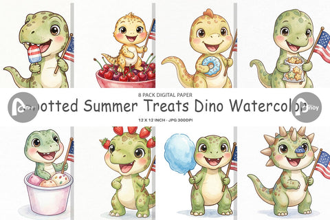Digital Paper Spotted Summer Treats Dino Watercolor Digital Pattern artnoy 