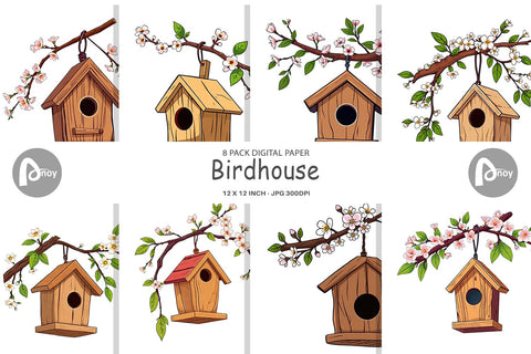 Digital Paper Spring Birdhouse Digital Pattern artnoy 