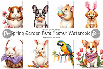 Digital Paper Spring Garden Pets Easter Watercolor Digital Pattern artnoy 