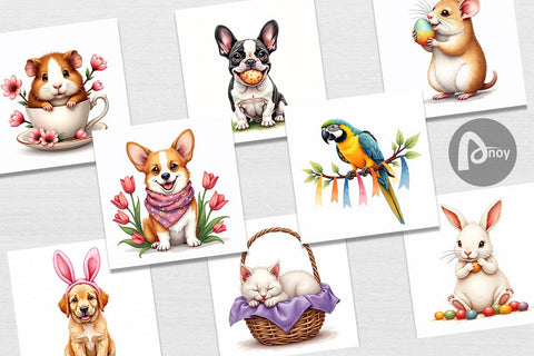 Digital Paper Spring Garden Pets Easter Watercolor Digital Pattern artnoy 