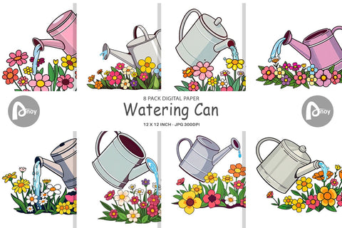 Digital Paper Spring Watering Can Digital Pattern artnoy 
