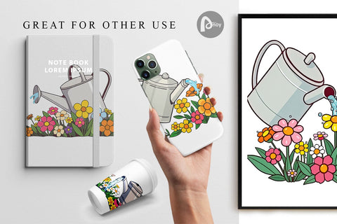 Digital Paper Spring Watering Can Digital Pattern artnoy 