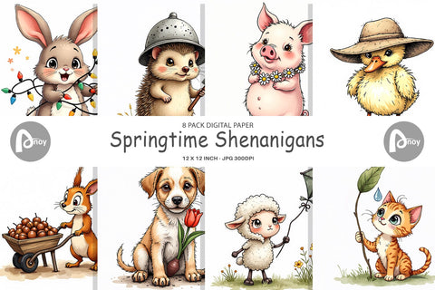 Digital Paper Springtime Shenanigans Playful Animal Antics Digital Pattern artnoy 