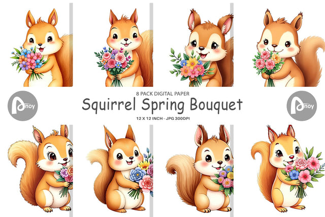 Digital Paper Squirrel Spring Bouquet Digital Pattern artnoy 