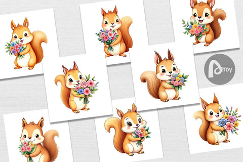 Digital Paper Squirrel Spring Bouquet Digital Pattern artnoy 