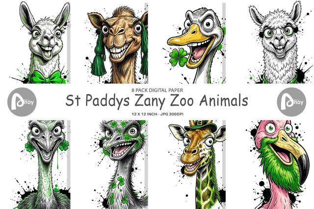 Digital Paper St Paddys Zany Zoo Animals Sublimation artnoy 