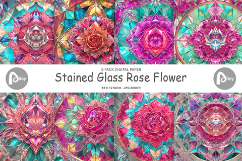 Digital Paper Stained Glass Rose Flower Digital Pattern artnoy 