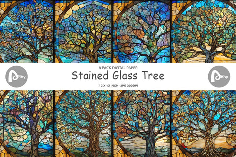 Digital Paper Stained Glass Tree Digital Pattern artnoy 