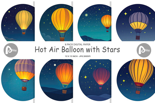Digital Paper Starry Hot Air Balloon Digital Pattern artnoy 