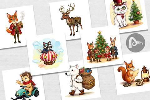 Digital Paper Steampunk Christmas Animals Digital Pattern artnoy 