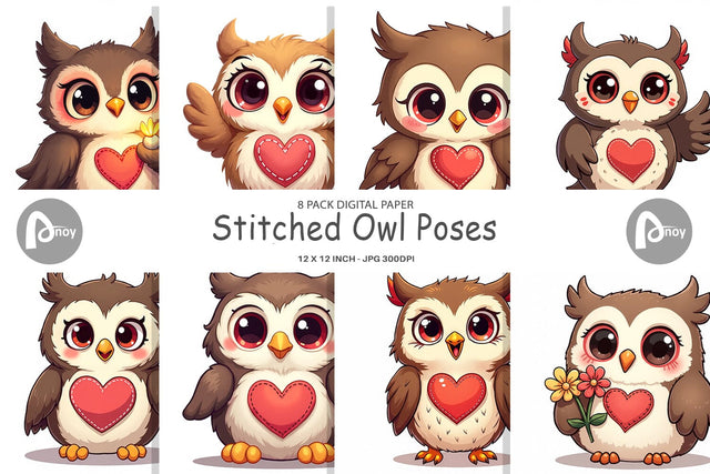 Digital Paper Stitched Owl Poses Digital Pattern artnoy 