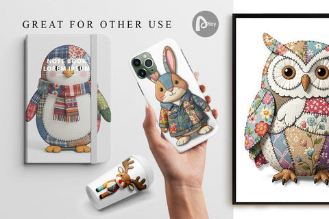 Digital Paper Stitched Woodland Animal Patchwork Digital Pattern artnoy 