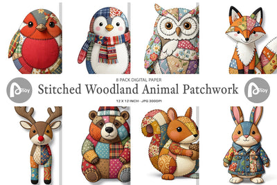 Digital Paper Stitched Woodland Animal Patchwork Digital Pattern artnoy 