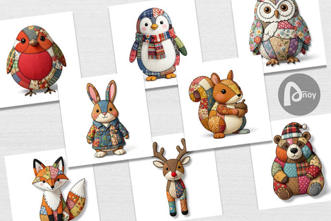 Digital Paper Stitched Woodland Animal Patchwork Digital Pattern artnoy 