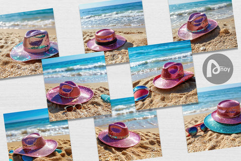 Digital Paper Straw Hats on Sand Beach Digital Pattern artnoy 