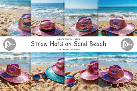 Digital Paper Straw Hats on Sand Beach Digital Pattern artnoy 