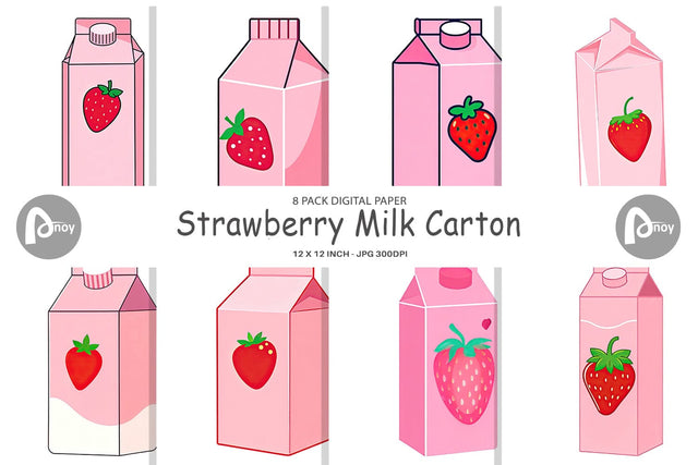 Digital Paper Strawberry Milk Carton Digital Pattern artnoy 