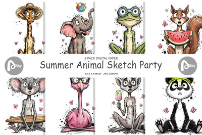 Digital Paper Summer Animal Sketch Party Digital Pattern artnoy 