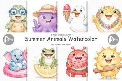 Digital Paper Summer Animals Watercolor Digital Pattern artnoy 