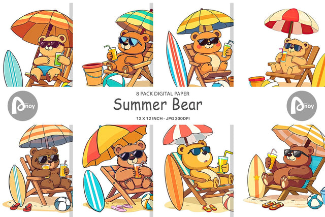Digital Paper Summer Bear Digital Pattern artnoy 