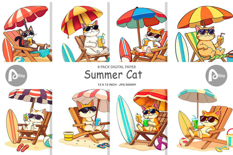 Digital Paper Summer Cat Digital Pattern artnoy 