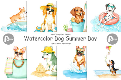 Digital Paper Summer Dog Watercolor Digital Pattern artnoy 