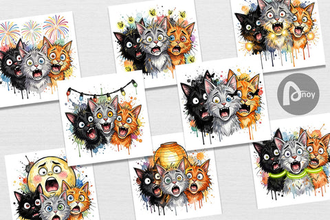 Digital Paper Summer Night Panic Cats Watercolor Digital Pattern artnoy 